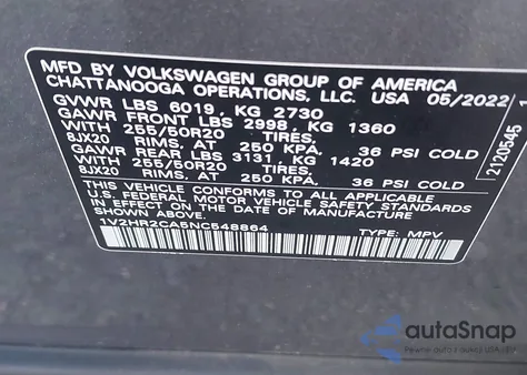 2022 Volkswagen Atlas 3.6L V6 Se W/Technology из США, поврежденный, VIN 1V2HR2CA5NC548864
